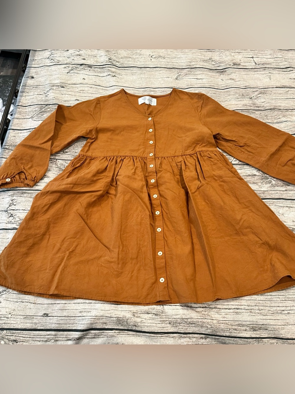 Tradlands Tencel & Linen Blend Button-Front Babydoll Ochre Dress Size Small